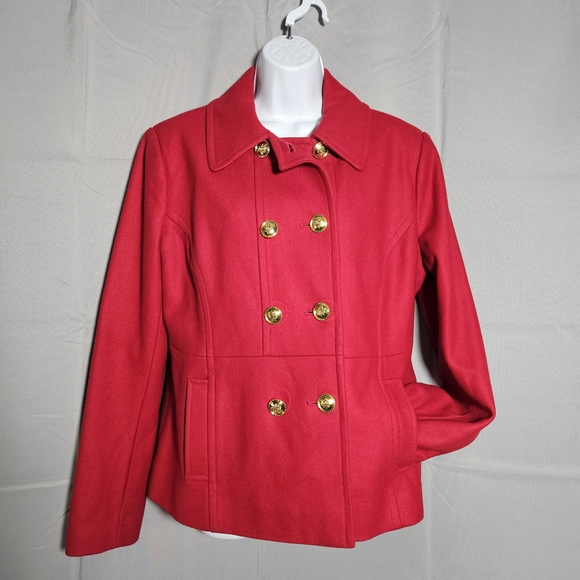 Cato Red Short Collared Peacoat Gold Button Wool Blend Pockets Coat Jacket Sz M - Picture 1 of 9